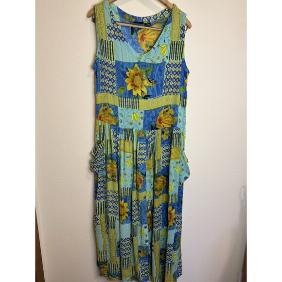 Bila Dresses & Skirts - Vintage Bila California  Maxi Dress Women's Patchwork Blue Sunflower M 90s Boho